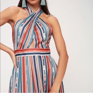 GEMMA TEAL BLUE MULTI STRIPED HALTER MIDI DRESS